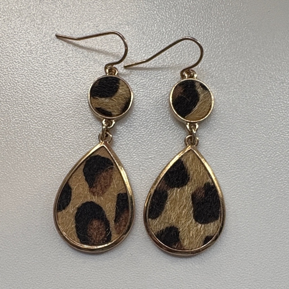 Gold-Tone Leopard Print Textured Teardrop Dangle Earrings - Brown/Black